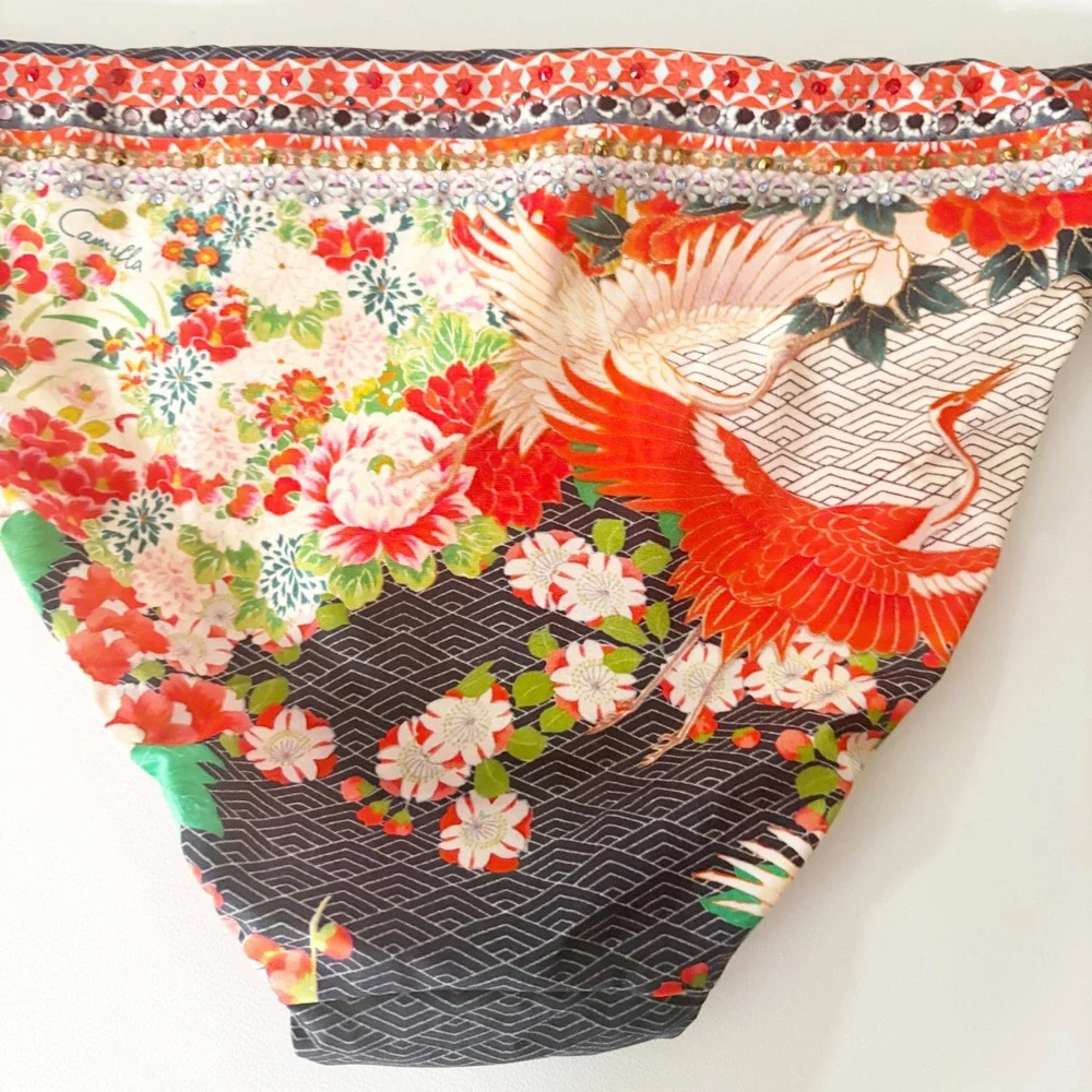 Camilla Womens Crystal Embellished Boho Crane Print Side Tie Bikini Bottom XS